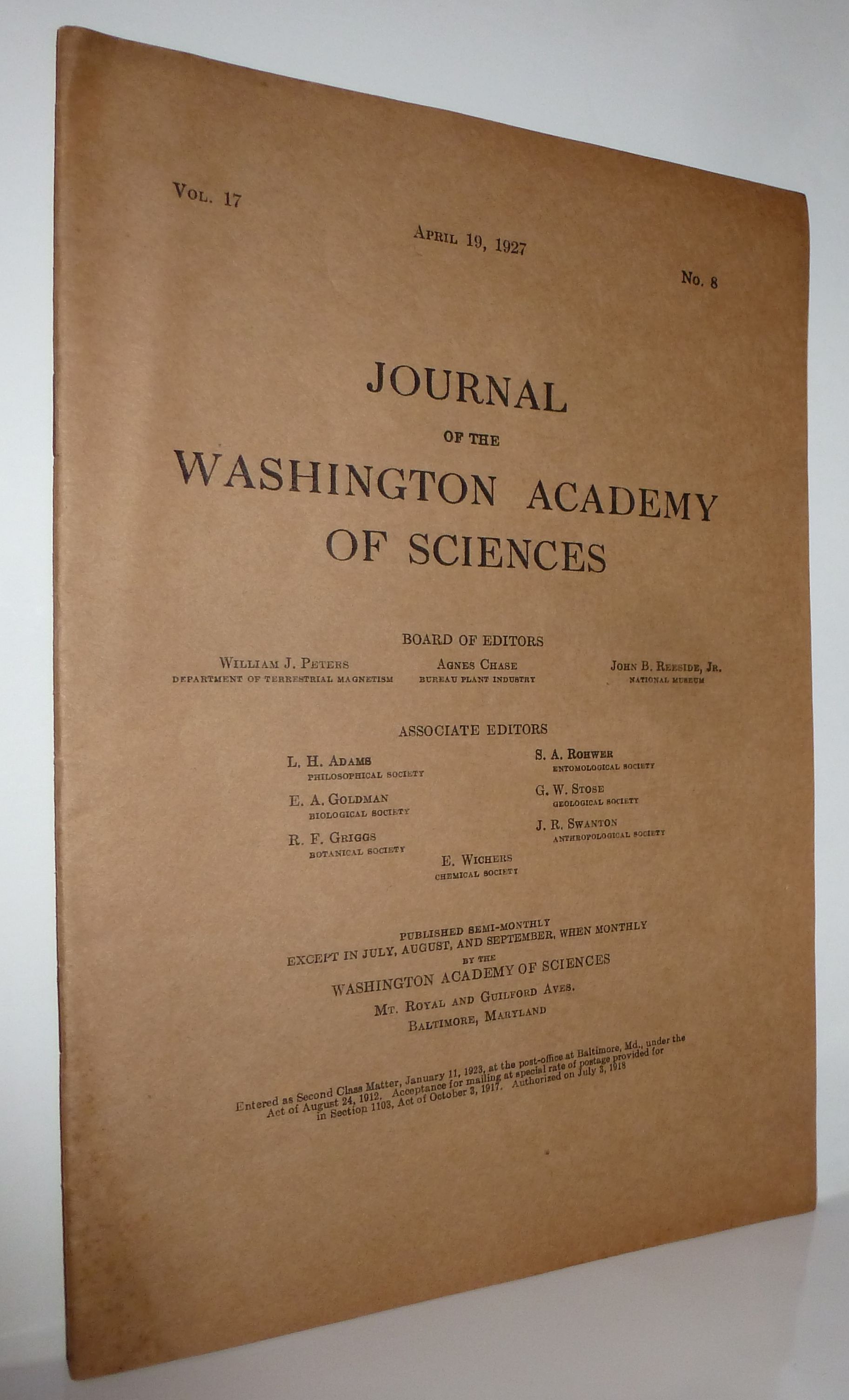 Journal of the Washington Academy of Sciences, Vol.17, No.8, April 19, 1927