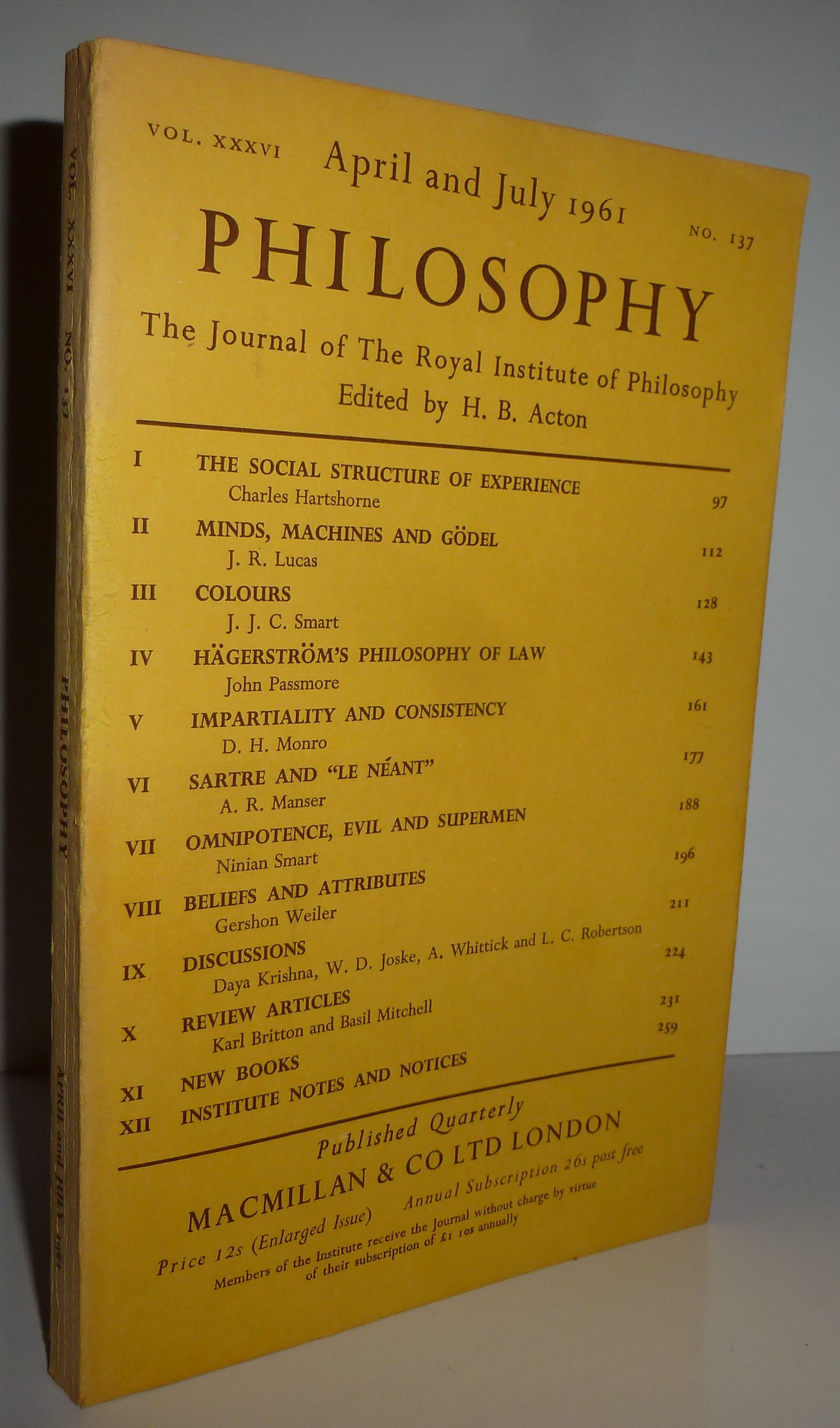 Philosophy, The Journal of the Royal Institute of Philosophy Vol. 36, No. 137 April and July, 1961