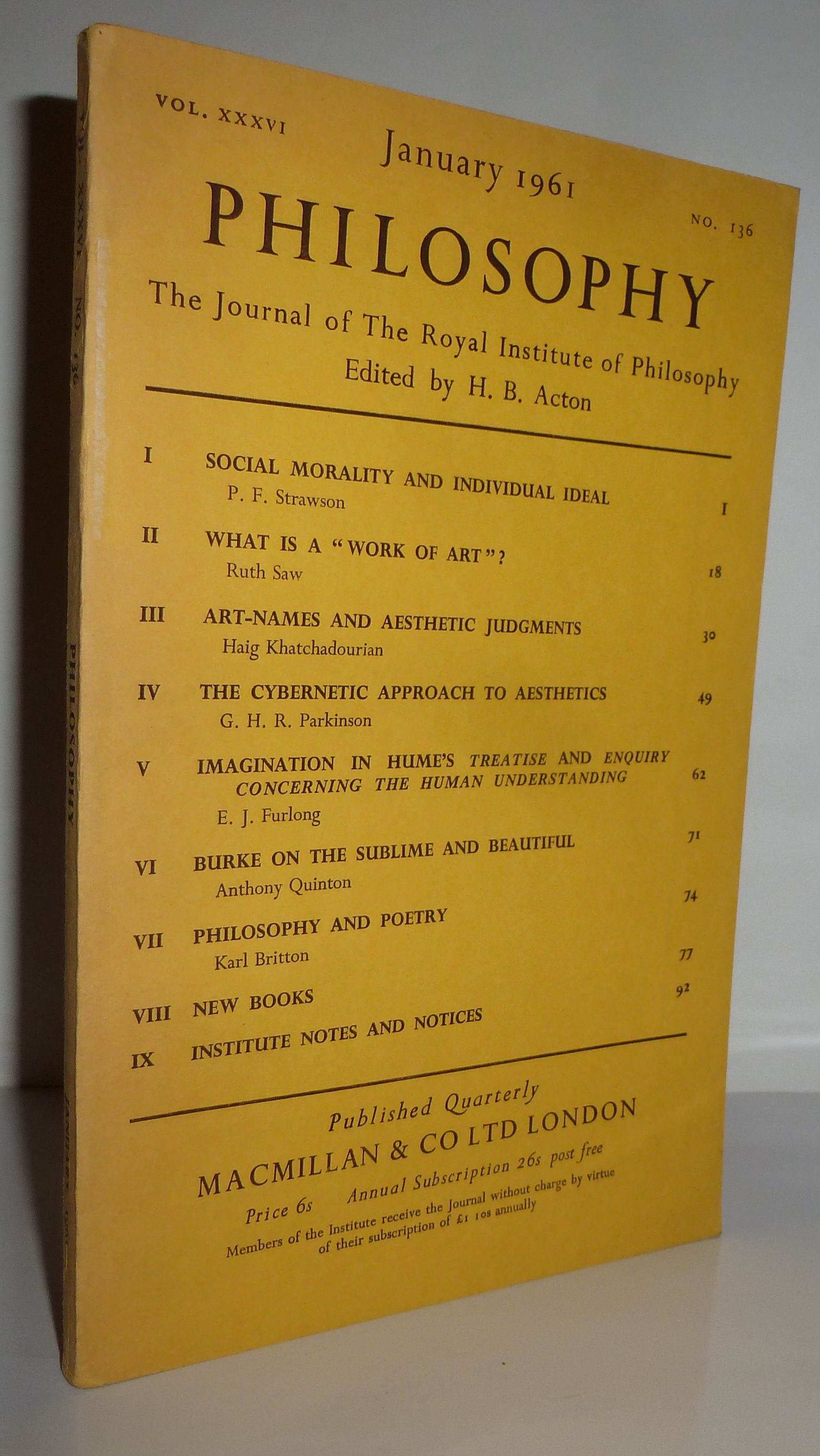 Philosophy, The Journal of the Royal Institute of Philosophy Vol. 36, No. 136 January, 1961